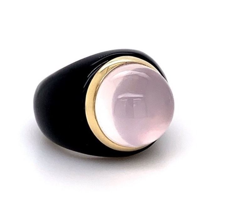 Noir Rosé — Inel statement cu cuarț roz 16 mm, montură din aur roz 585 și bandă din agat negru
